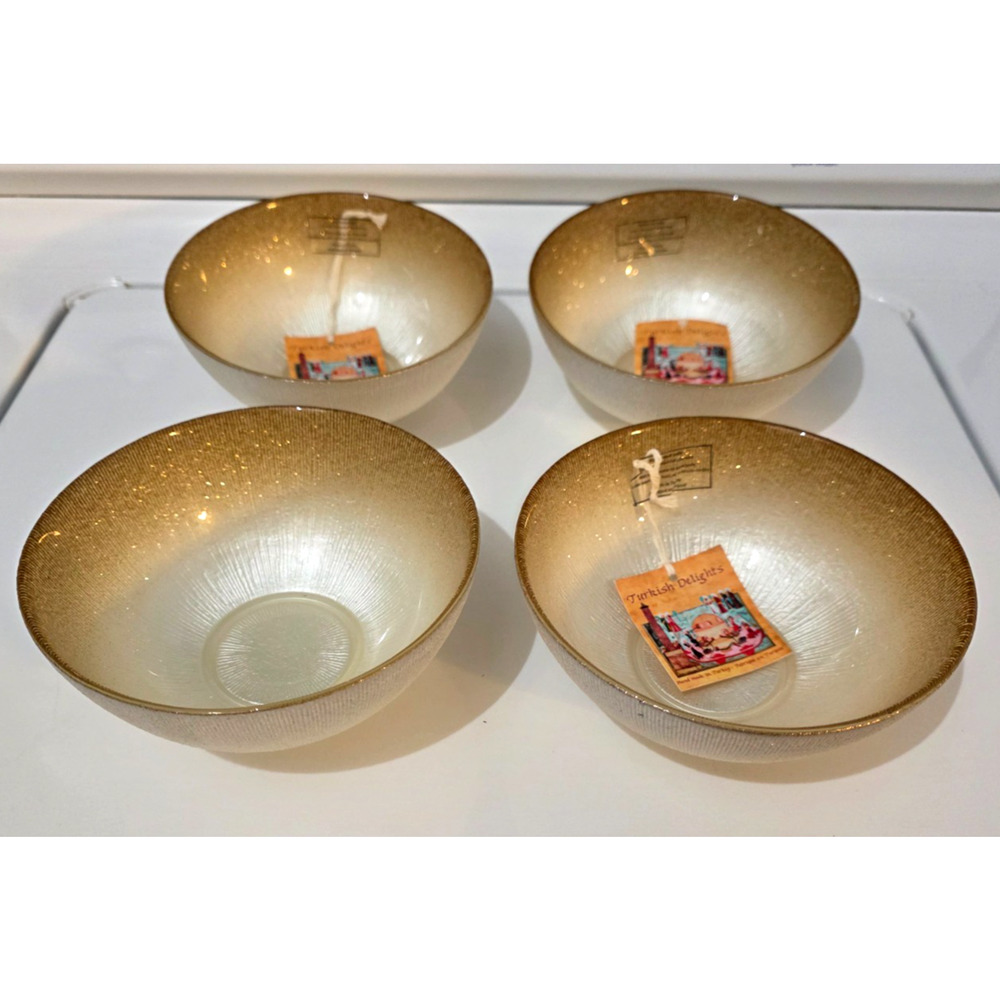 Turkish Delights Glass Set Of 4 Gold White Cereal Soup Bowls Gold Rim 6” New
